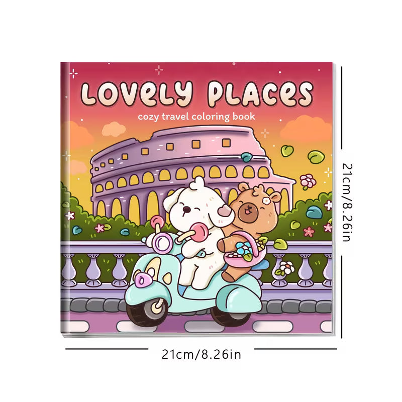 Avattu Lovely Places -värityskirja, jonka sivulla on kotoisa pienen mökin ja puutarhan kuvitus. Sivun vieressä on laadukkaita puuvärikyniä ja pastellisävyisiä tusseja.