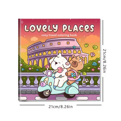 Avattu Lovely Places -värityskirja, jonka sivulla on kotoisa pienen mökin ja puutarhan kuvitus. Sivun vieressä on laadukkaita puuvärikyniä ja pastellisävyisiä tusseja.