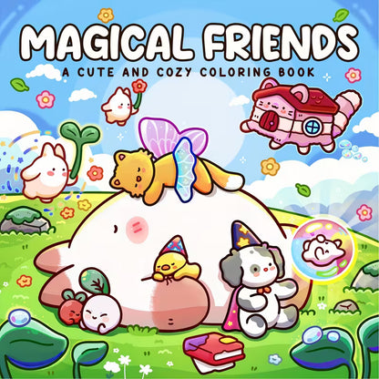 Magical Friends -värityskirjan kansi, jossa on sateenkaaria, yksisarvisia ja muita suloisia satuolentoja