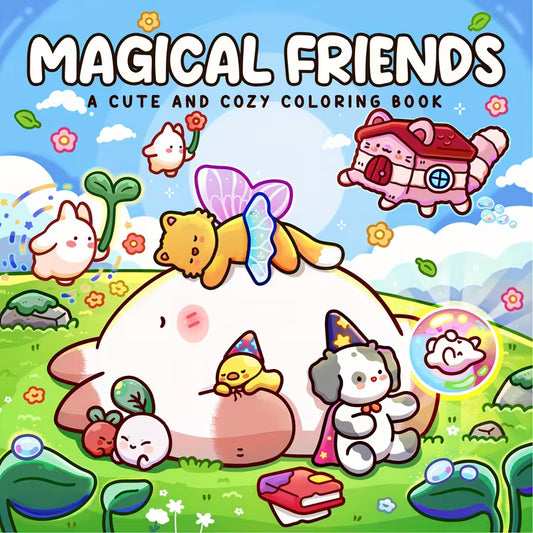 Magical Friends -värityskirjan kansi, jossa on sateenkaaria, yksisarvisia ja muita suloisia satuolentoja