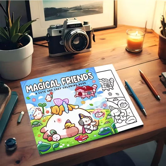 Magical Friends -värityskirjan kansi, jossa on sateenkaaria, yksisarvisia ja muita suloisia satuolentoja