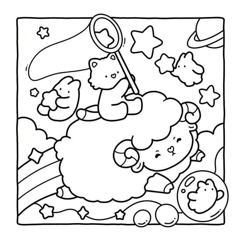 Magical Friends -värityskirjan kansi, jossa on sateenkaaria, yksisarvisia ja muita suloisia satuolentoja