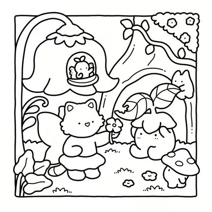 Magical Friends -värityskirjan kansi, jossa on sateenkaaria, yksisarvisia ja muita suloisia satuolentoja