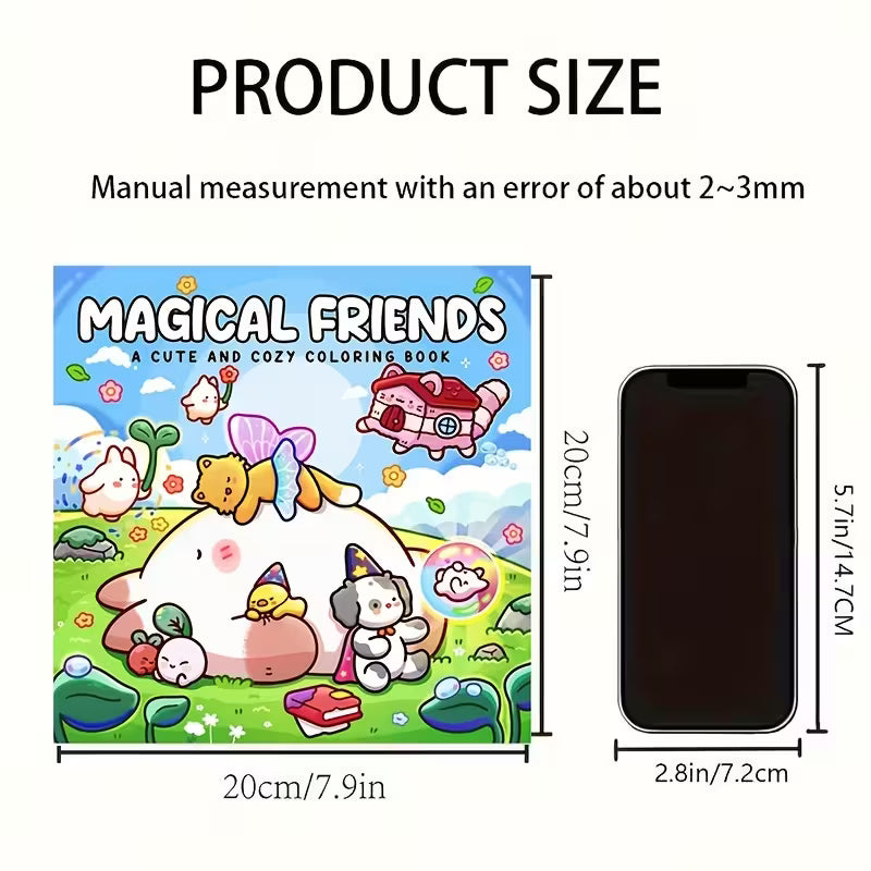 Magical Friends -värityskirjan kansi, jossa on sateenkaaria, yksisarvisia ja muita suloisia satuolentoja