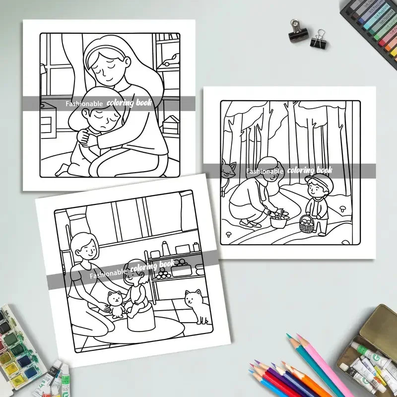 Mom Moments -värityskirjan kansi, jossa on tyylikkäitä kukkakuvioita ja kotoisia äitiysteeman kuvituksia.