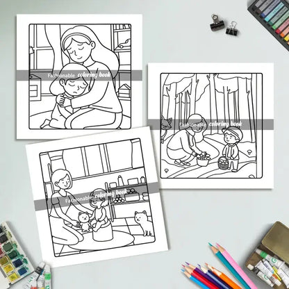 Mom Moments -värityskirjan kansi, jossa on tyylikkäitä kukkakuvioita ja kotoisia äitiysteeman kuvituksia.