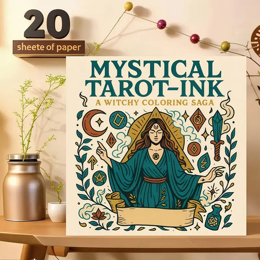 Mysterious Tarot Ink -värityskirjan kansi, jossa on mustalla musteella piirrettyjä tarot-symboliikkaa, tähtiä ja mystisiä hahmoja.