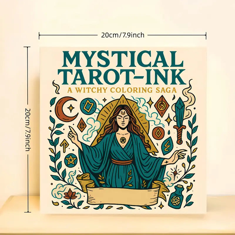 Mysterious Tarot Ink -värityskirjan kansi, jossa on mustalla musteella piirrettyjä tarot-symboliikkaa, tähtiä ja mystisiä hahmoja.