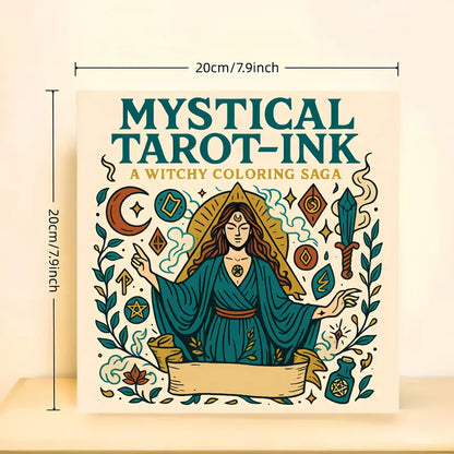 Mysterious Tarot Ink -värityskirjan kansi, jossa on mustalla musteella piirrettyjä tarot-symboliikkaa, tähtiä ja mystisiä hahmoja.