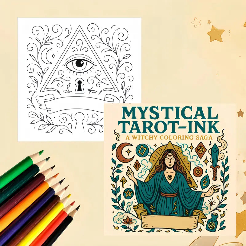 Mysterious Tarot Ink -värityskirjan kansi, jossa on mustalla musteella piirrettyjä tarot-symboliikkaa, tähtiä ja mystisiä hahmoja.