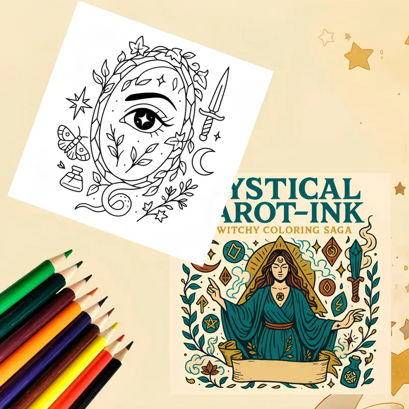 Mysterious Tarot Ink -värityskirjan kansi, jossa on mustalla musteella piirrettyjä tarot-symboliikkaa, tähtiä ja mystisiä hahmoja.