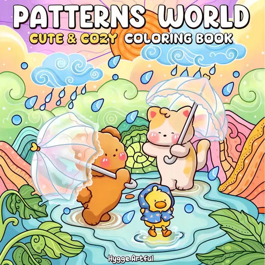 Lähikuva Patterns World -värityskirjan sivusta, jossa on selkeitä ja symmetrisiä kukkakuvioita. Sivun vieressä on laadukkaita alkoholitusseja ja pastellinsävyisiä kyniä.