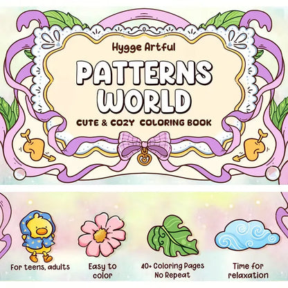 Lähikuva Patterns World -värityskirjan sivusta, jossa on selkeitä ja symmetrisiä kukkakuvioita. Sivun vieressä on laadukkaita alkoholitusseja ja pastellinsävyisiä kyniä.