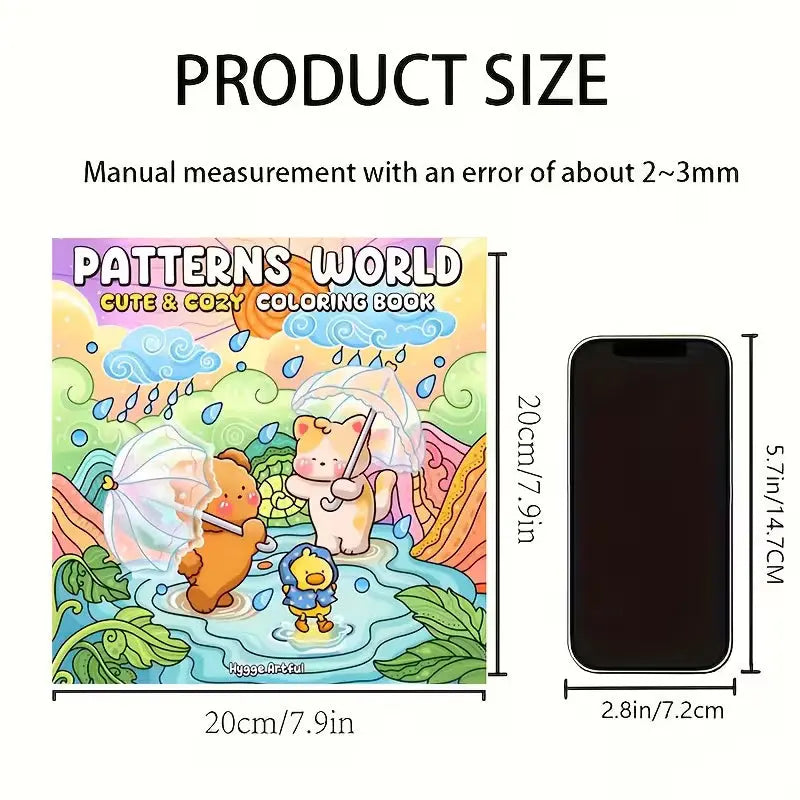Lähikuva Patterns World -värityskirjan sivusta, jossa on selkeitä ja symmetrisiä kukkakuvioita. Sivun vieressä on laadukkaita alkoholitusseja ja pastellinsävyisiä kyniä.