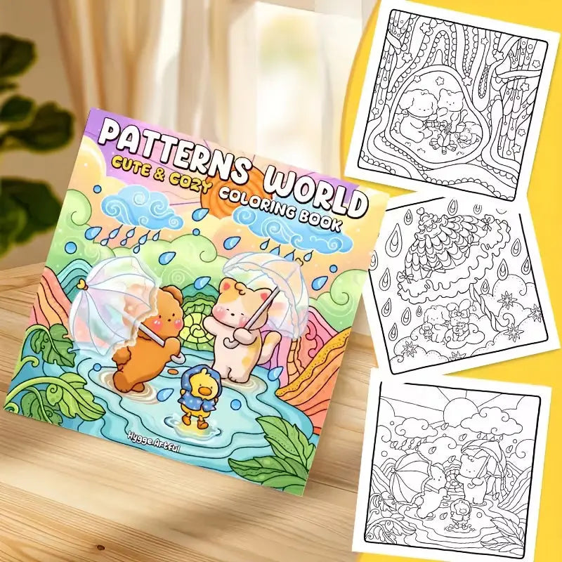 Lähikuva Patterns World -värityskirjan sivusta, jossa on selkeitä ja symmetrisiä kukkakuvioita. Sivun vieressä on laadukkaita alkoholitusseja ja pastellinsävyisiä kyniä.