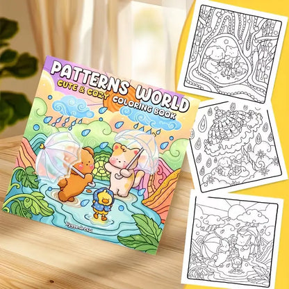 Lähikuva Patterns World -värityskirjan sivusta, jossa on selkeitä ja symmetrisiä kukkakuvioita. Sivun vieressä on laadukkaita alkoholitusseja ja pastellinsävyisiä kyniä.