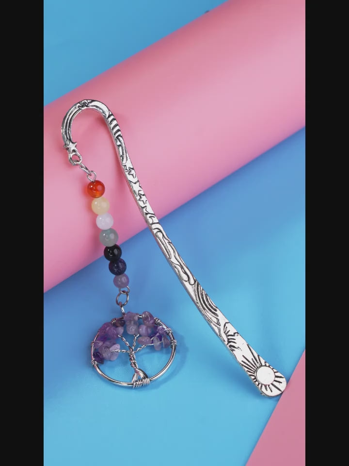 Käsintehdyt kirjanmerkit luonnonkivikristallilla, elämänpuu, aurinko ja tähdet