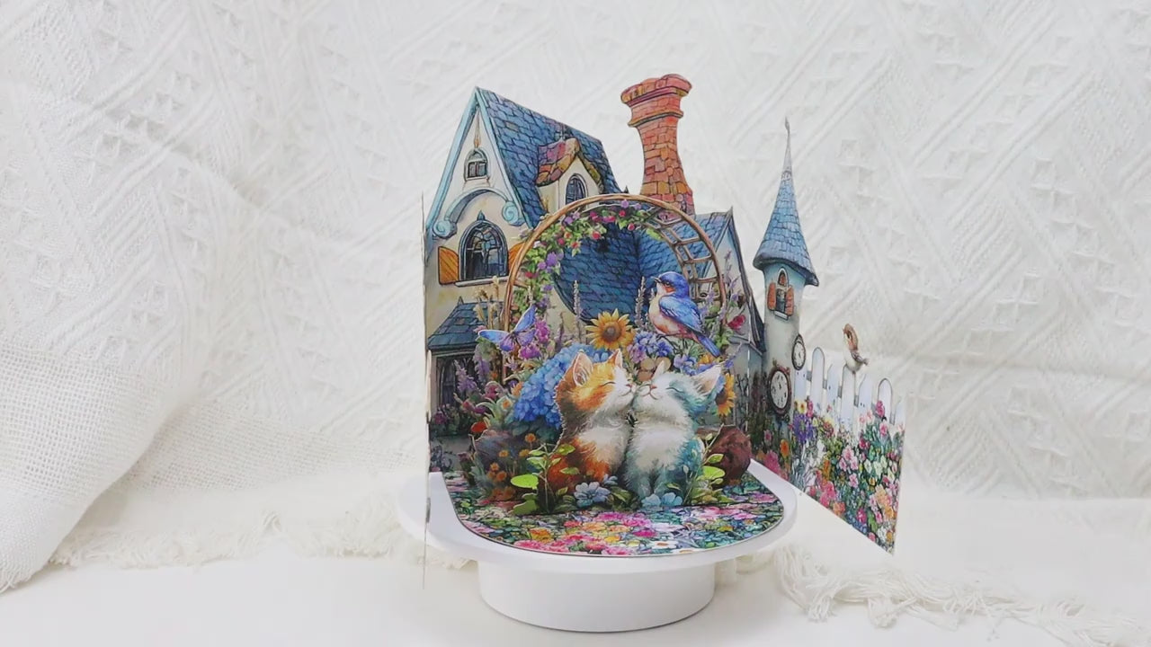 3-kertainen kevätpuutarha-pop-up-onnittelukortti kissoilla