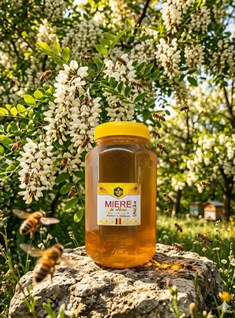 Kultainen ja kirkas akaasiahunaja valuu lusikasta 1kg lasipurkkiin, taustalla Bohar Bees -etiketti ja luonnollinen puupinta
