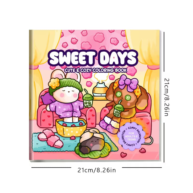 Avattu Sweet Days -värityskirja, jonka sivulla on suloinen kuva kuppikakuista ja hymyilevistä kukkasista. Sivun vieressä on laadukkaita pastellisävyisiä tusseja