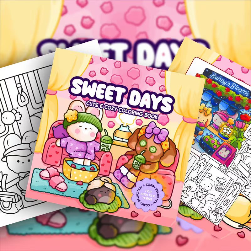 Avattu Sweet Days -värityskirja, jonka sivulla on suloinen kuva kuppikakuista ja hymyilevistä kukkasista. Sivun vieressä on laadukkaita pastellisävyisiä tusseja