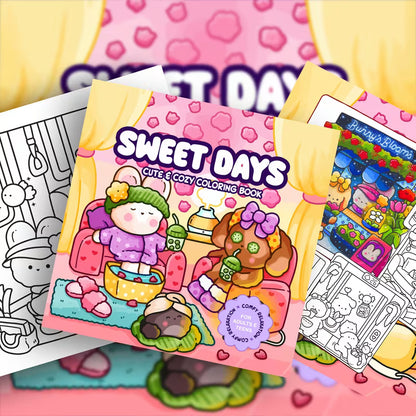 Avattu Sweet Days -värityskirja, jonka sivulla on suloinen kuva kuppikakuista ja hymyilevistä kukkasista. Sivun vieressä on laadukkaita pastellisävyisiä tusseja