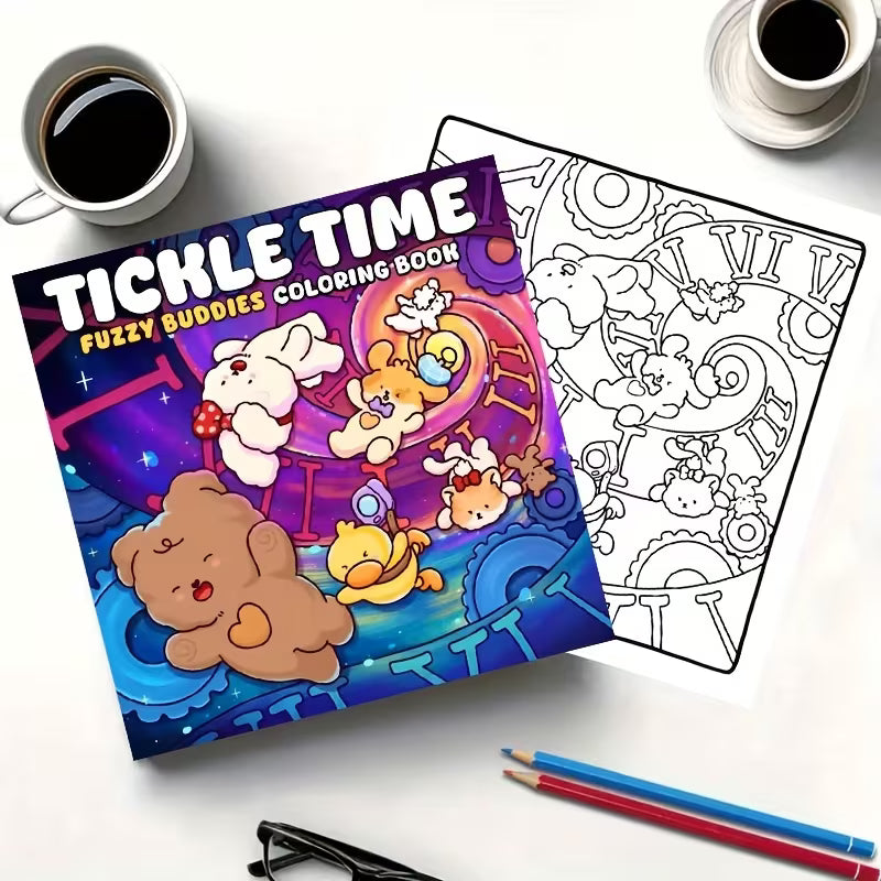 Lähikuva avatusta Tickle Time -värityskirjasta, jossa on naurava ja suloiseksi piirretty hahmo. Sivun vieressä on kirkkaanvärisiä puuvärejä ja teroitin