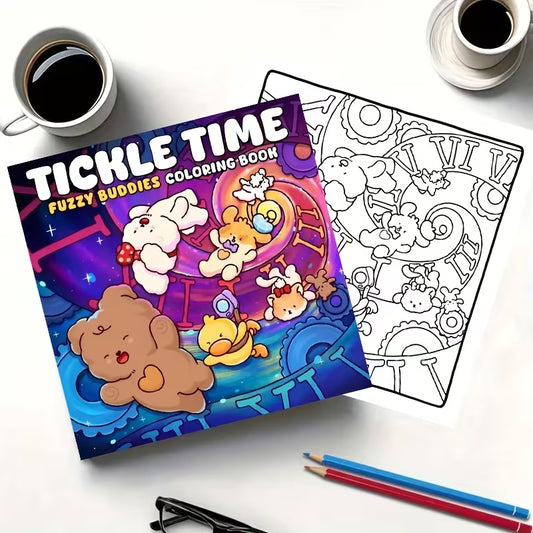 Lähikuva avatusta Tickle Time -värityskirjasta, jossa on naurava ja suloiseksi piirretty hahmo. Sivun vieressä on kirkkaanvärisiä puuvärejä ja teroitin