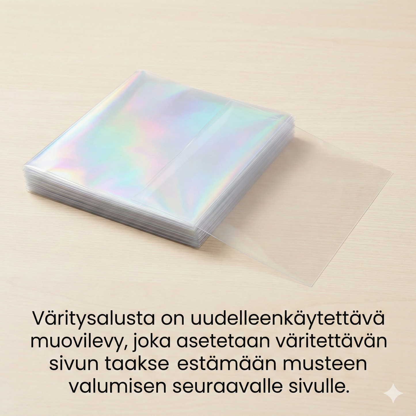 Pinottu pino kirkkaita, heijastavia suojalevyjä puupöydällä. Teksti selittää, että levy asetetaan sivun taakse estämään musteen läpivuoto