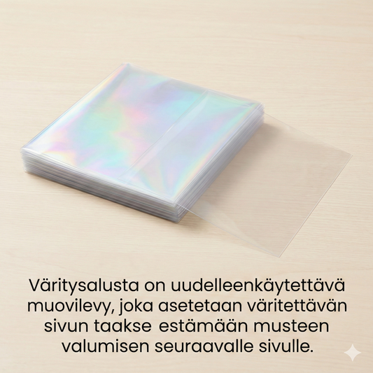 Pinottu pino kirkkaita, heijastavia suojalevyjä puupöydällä. Teksti selittää, että levy asetetaan sivun taakse estämään musteen läpivuoto