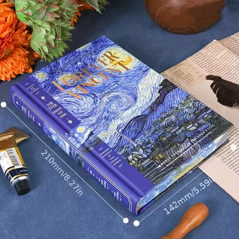 Kovakantinen Vincent van Gogh -aiheinen päiväkirja, jossa on 'Tähtikirkas yö' -maalaus ja kultaisia yksityiskohtia