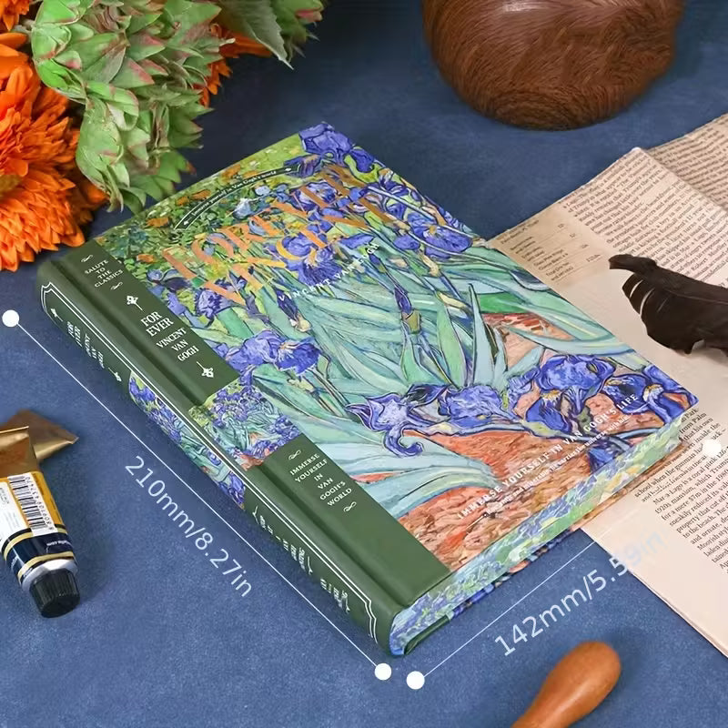 Kovakantinen Vincent van Gogh -aiheinen päiväkirja, jossa on 'Tähtikirkas yö' -maalaus ja kultaisia yksityiskohtia