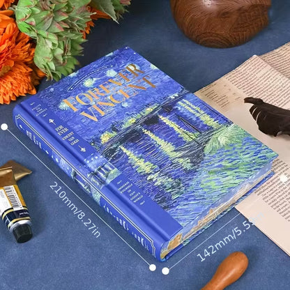 Kovakantinen Vincent van Gogh -aiheinen päiväkirja, jossa on 'Tähtikirkas yö' -maalaus ja kultaisia yksityiskohtia