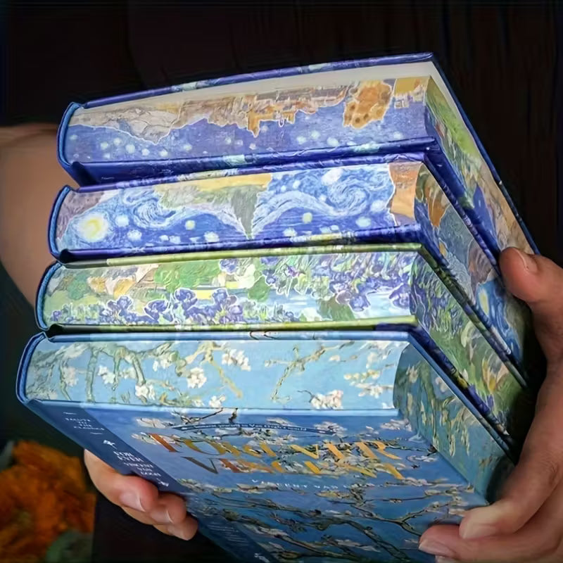 Kovakantinen Vincent van Gogh -aiheinen päiväkirja, jossa on 'Tähtikirkas yö' -maalaus ja kultaisia yksityiskohtia