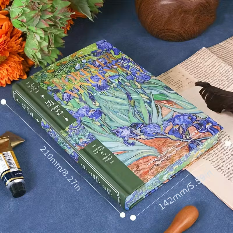 Kovakantinen Vincent van Gogh -aiheinen päiväkirja, jossa on 'Tähtikirkas yö' -maalaus ja kultaisia yksityiskohtia