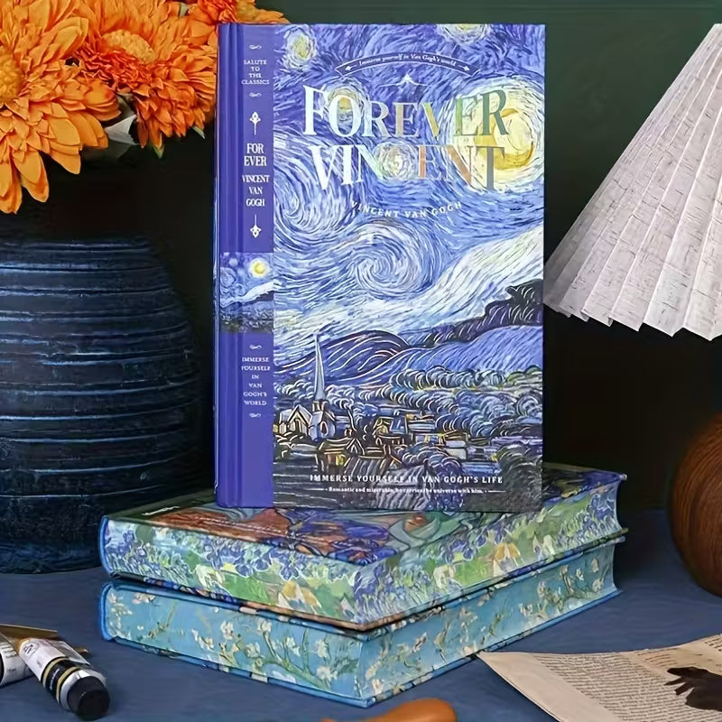 Kovakantinen Vincent van Gogh -aiheinen päiväkirja, jossa on 'Tähtikirkas yö' -maalaus ja kultaisia yksityiskohtia