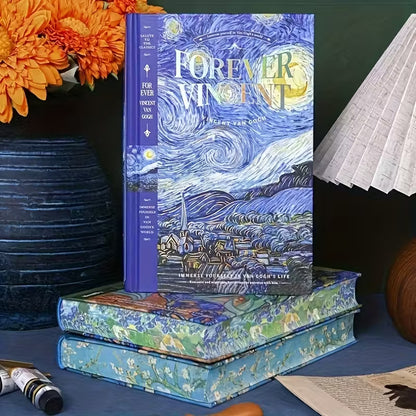 Kovakantinen Vincent van Gogh -aiheinen päiväkirja, jossa on 'Tähtikirkas yö' -maalaus ja kultaisia yksityiskohtia