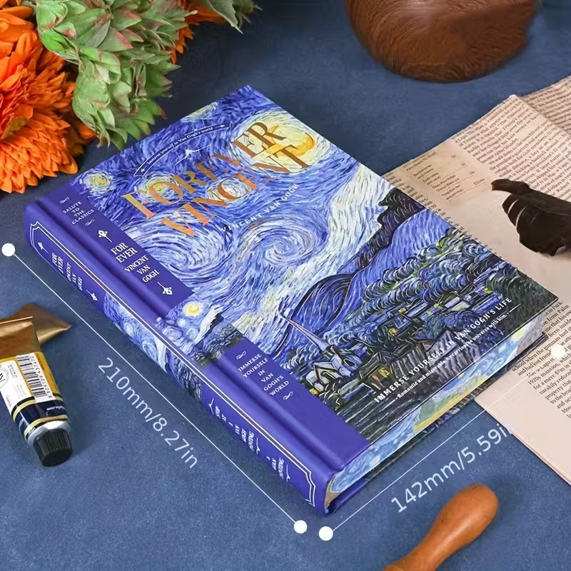 Kovakantinen Vincent van Gogh -aiheinen päiväkirja, jossa on 'Tähtikirkas yö' -maalaus ja kultaisia yksityiskohtia