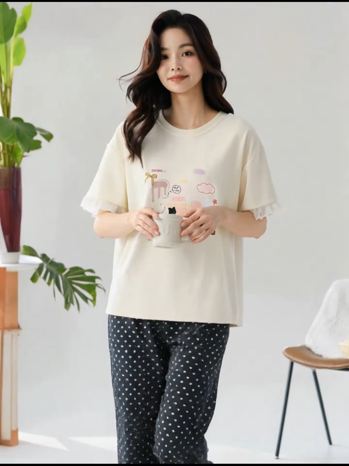 100 % puuvillaa Hengittävät kirjaillut lyhythihaiset pitkät pyjamat